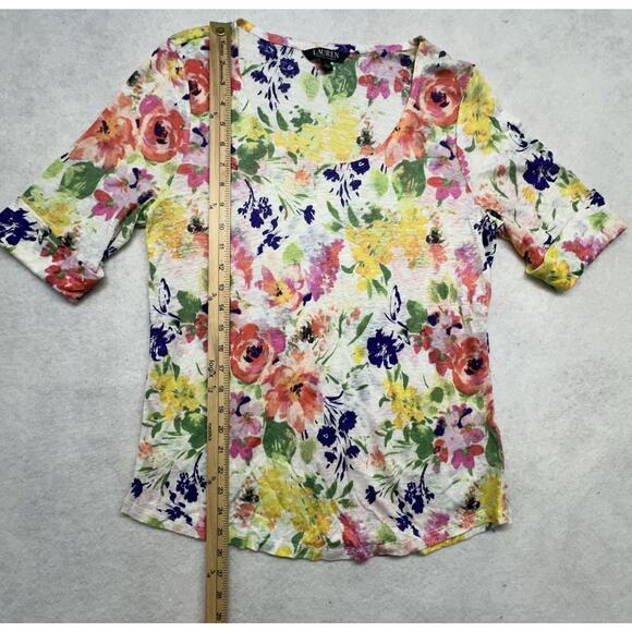 Lauren Ralph Lauren Womens Large Linen Blouse Multicolor Floral Top Cottage - Picture 3 of 6